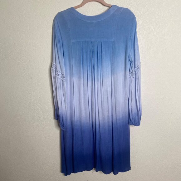 Ombre Blue Long-Sleeve Boho Tunic Dress With Crochet Details By Cute Options - Picture 3 of 8